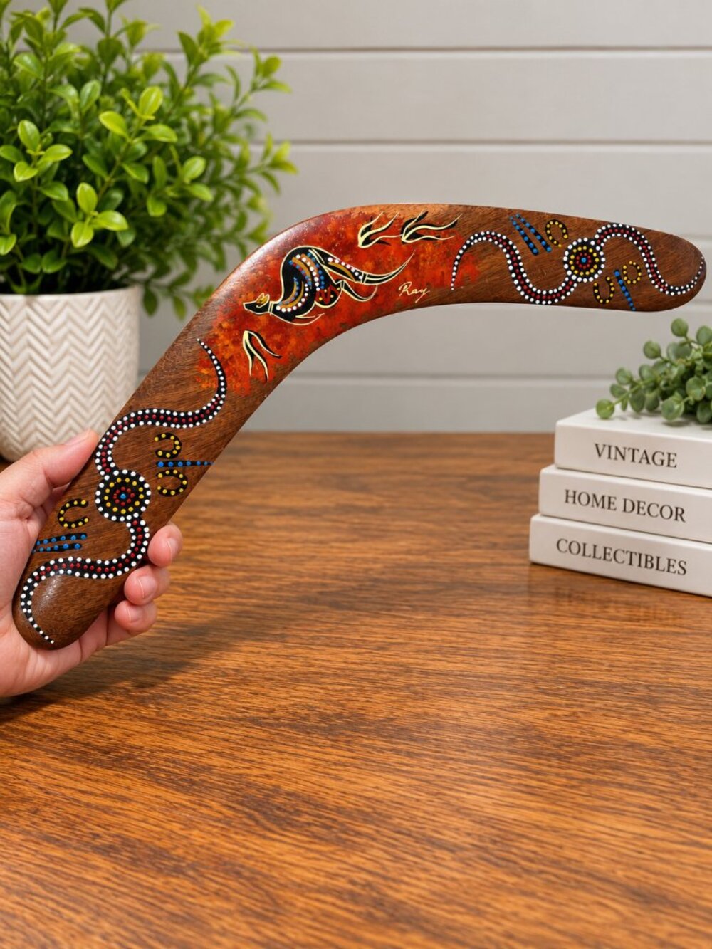 Authentic Australian Wood Boomerang Hand-Painted Aboriginal Art 18"